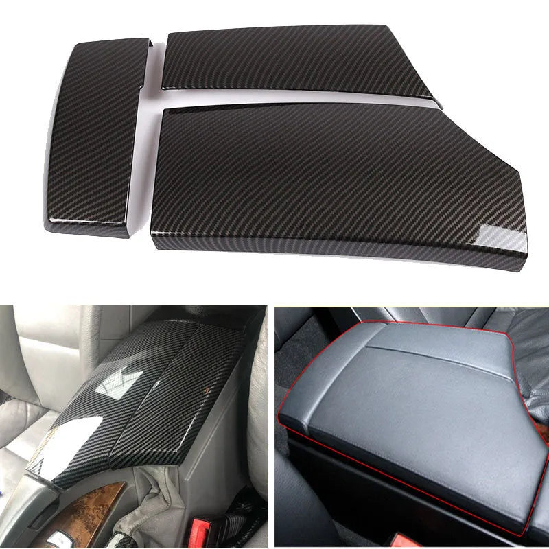 Three black ABS armrest box protective covers with a diagonal carbon fibre weave pattern.