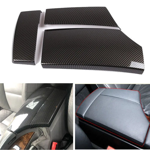 Three black ABS armrest box protective covers with a diagonal carbon fibre weave pattern.