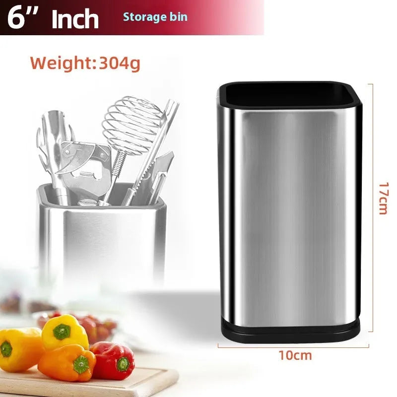 Black and white multifunctional kitchen tool holder with detachable bottom for storing knives and cutlery.