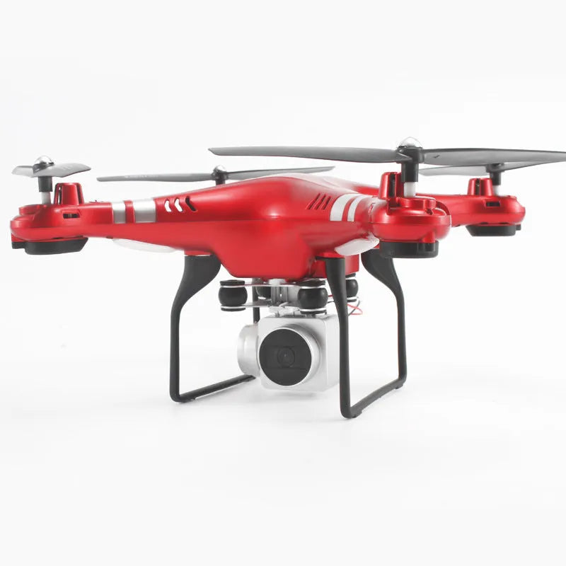 Alloy-built HD aerial photography drone with a handle remote controller, shown in black, red, or white colour options.