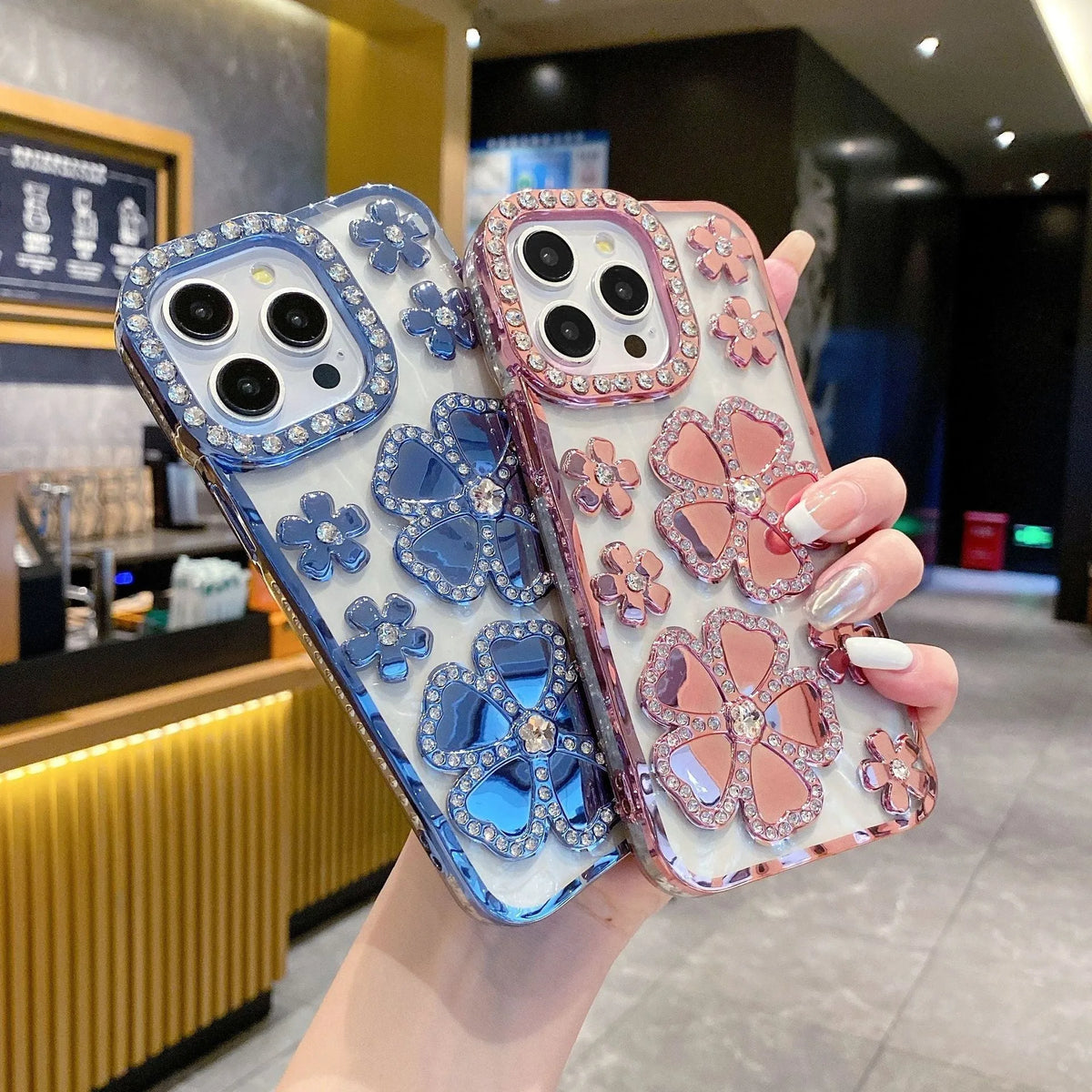 Plum blossom diamond flower plated phone case for iPhone in rose gold, TPU and acrylic back cover with bracket