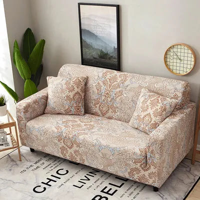 Geometric patterned stretch sofa slipcover fitted on a three-seater sofa