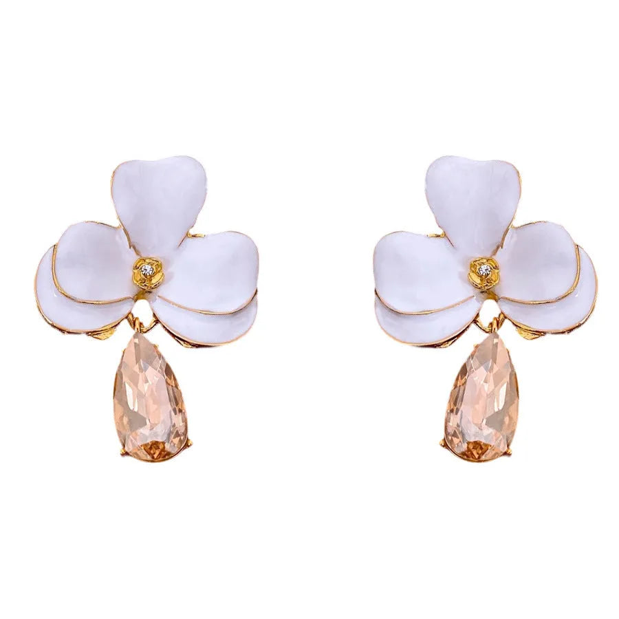 Floral pendant earrings in alloy with dripping oil finish, silver needle posts, Golden-white or Golden-black
