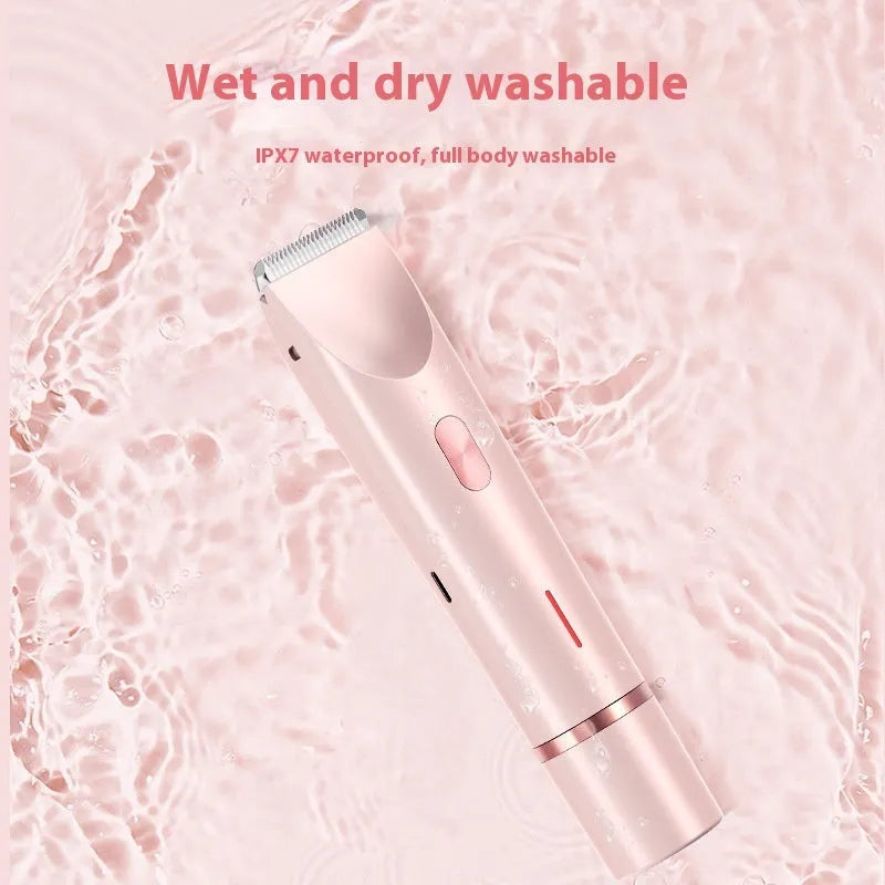 Pink women's electric hair trimmer with two detachable heads on a white background