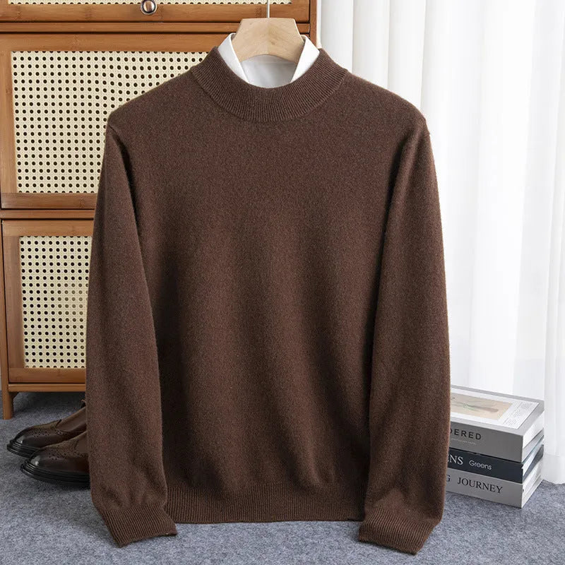 Man wearing a half-turtleneck wool sweater in camel colour, loose fit, for winter.
