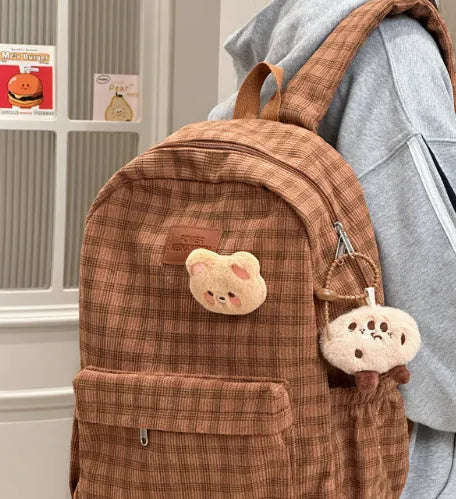 Corduroy checked backpack in khaki with computer pocket, 42x30x15cm, retro campus style