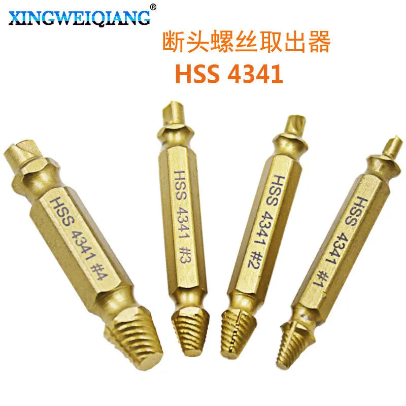 Set of five 4341 high-speed steel screw extractors for removing damaged screws and nails.