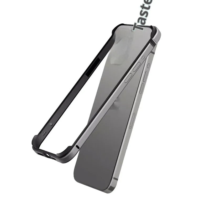 Metal phone case for iPhone 15 Pro Max in black with ultra-thin border frame