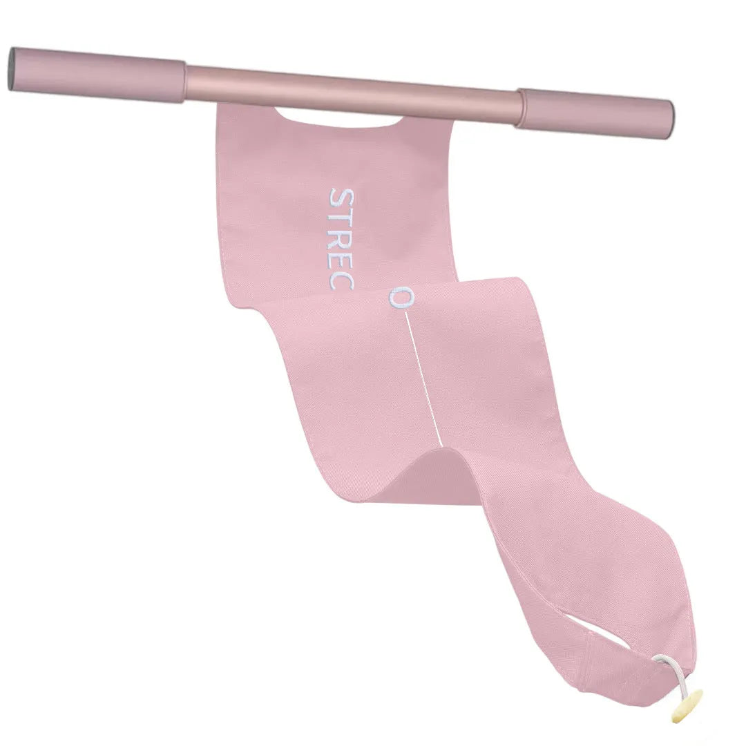 Grey and pink 42cm long yoga stretching tool with curved design for shoulder and back stretches.