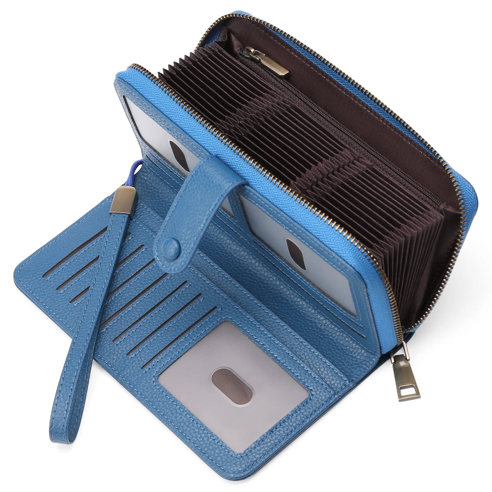 Light brown expanding card holder wallet for women showing multiple card slots and anti-theft swiping feature.