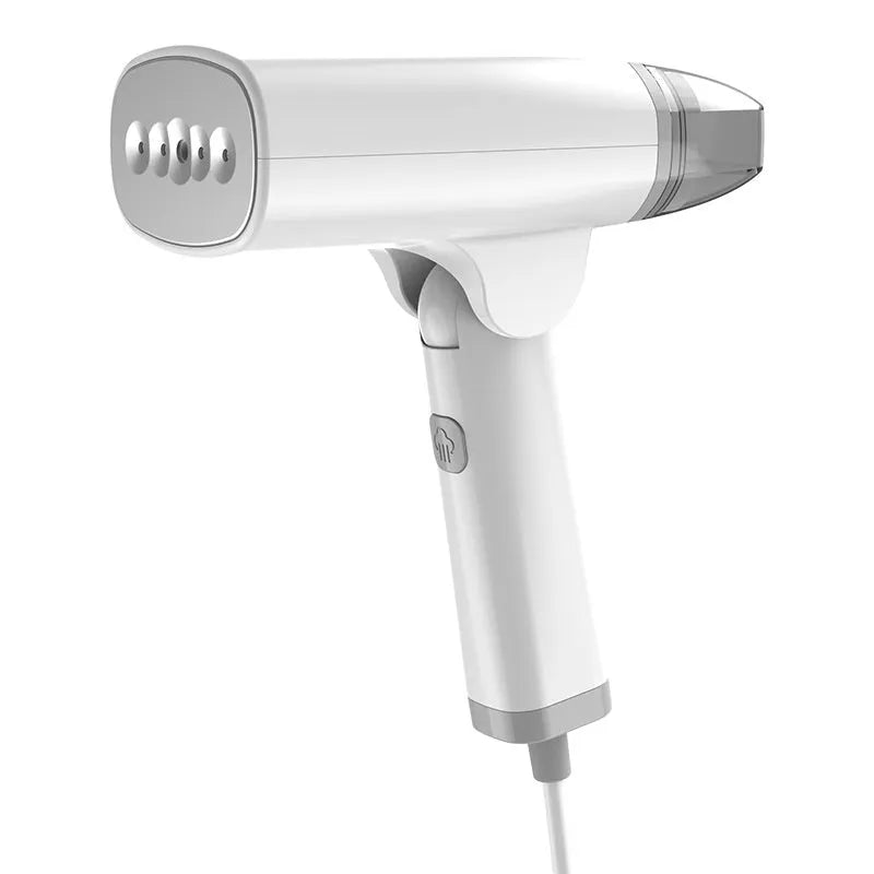 Blue and white handheld garment steamer with 1300W power rating and mechanical controls