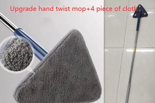 Blue and white extendable triangle cleaning mop with a rotating head on a long stainless steel pole.