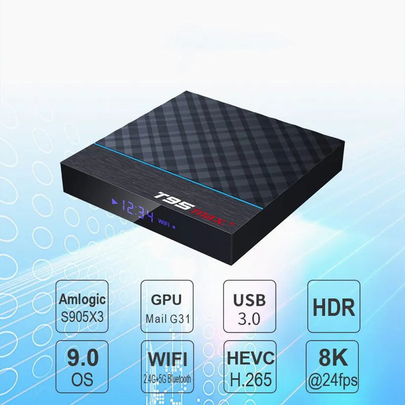 Black T95 Max Plus Android TV Box with remote, showing UK plug power adapter.