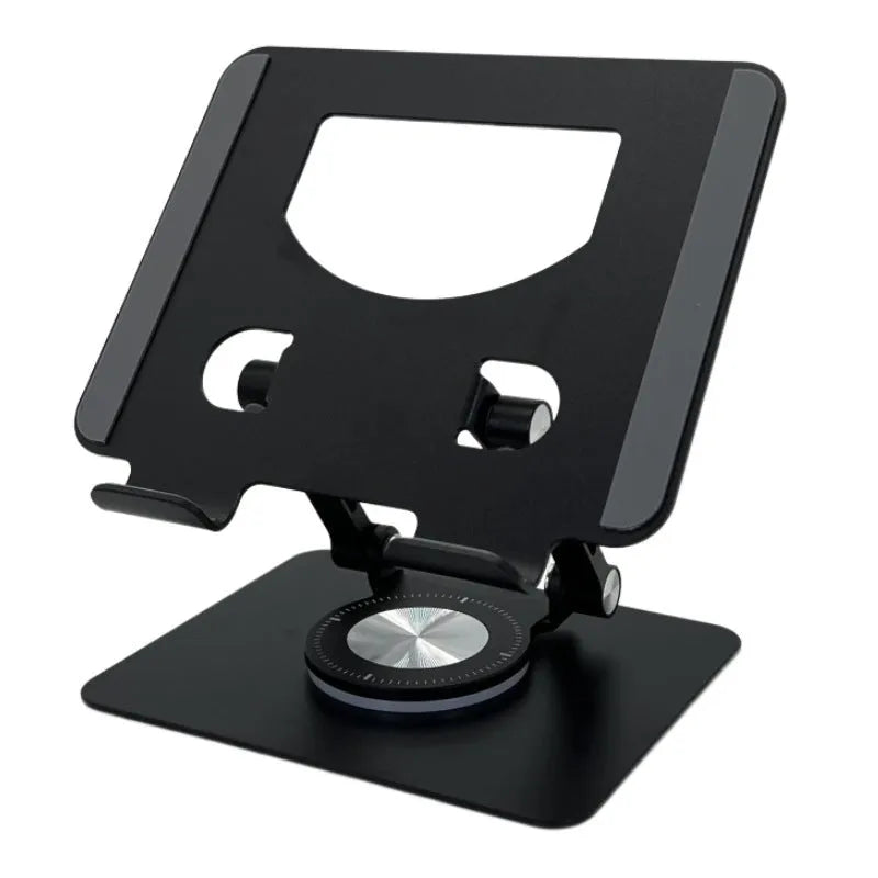 360-degree rotating aluminium alloy desktop folding tablet bracket, P2028, black colour, folded flat view