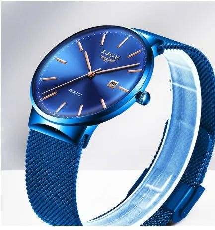 Stainless steel men's wristwatch with 40mm dial showing all-black, all-blue, and black-blue colour options