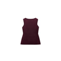 Women's dark red viscose knit sleeveless vest with gold buttons, shown on a model.