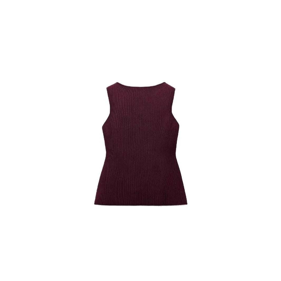 Women's dark red viscose knit sleeveless vest with gold buttons, shown on a model.