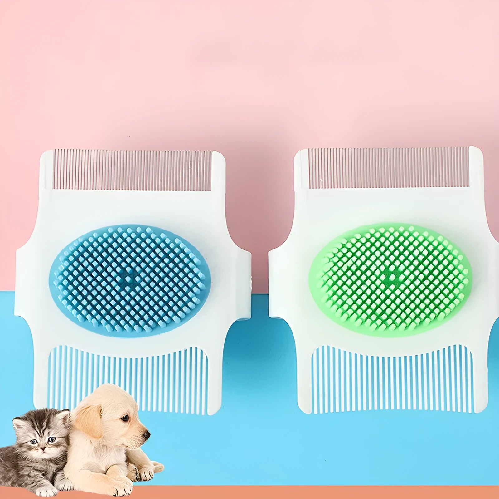 Blue multifunctional pet comb grooming tool showing compact 8.5 cm design with hair removal and massage features