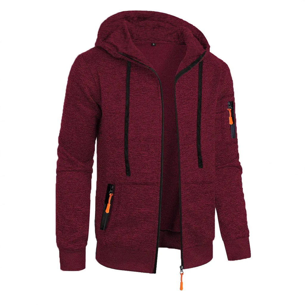 Men's hooded cardigan sweater coat in solid colour polyester, loose fit, long sleeve, sizes S-3XL