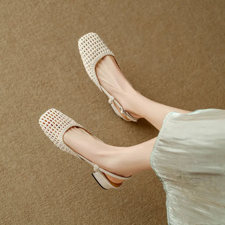 Women's beige woven hollow-out sandals with a square closed toe, chunky heel, and adjustable buckle strap.