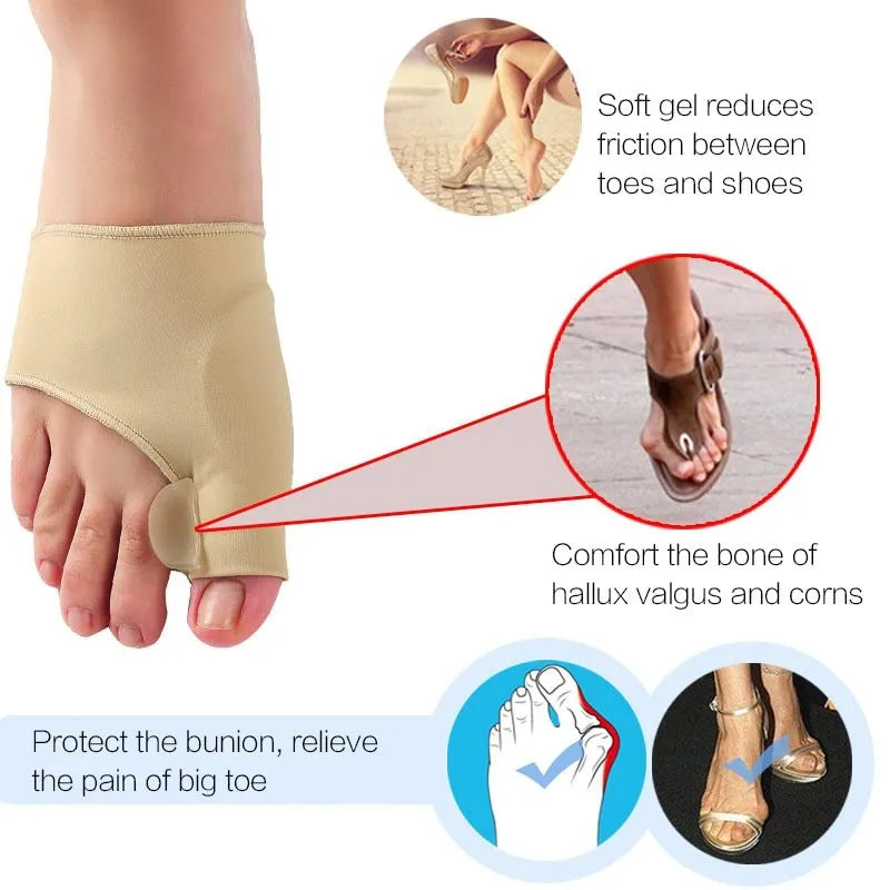 Corrective bunion relief socks with silicone gel toe separator in small, medium, and large sizes.