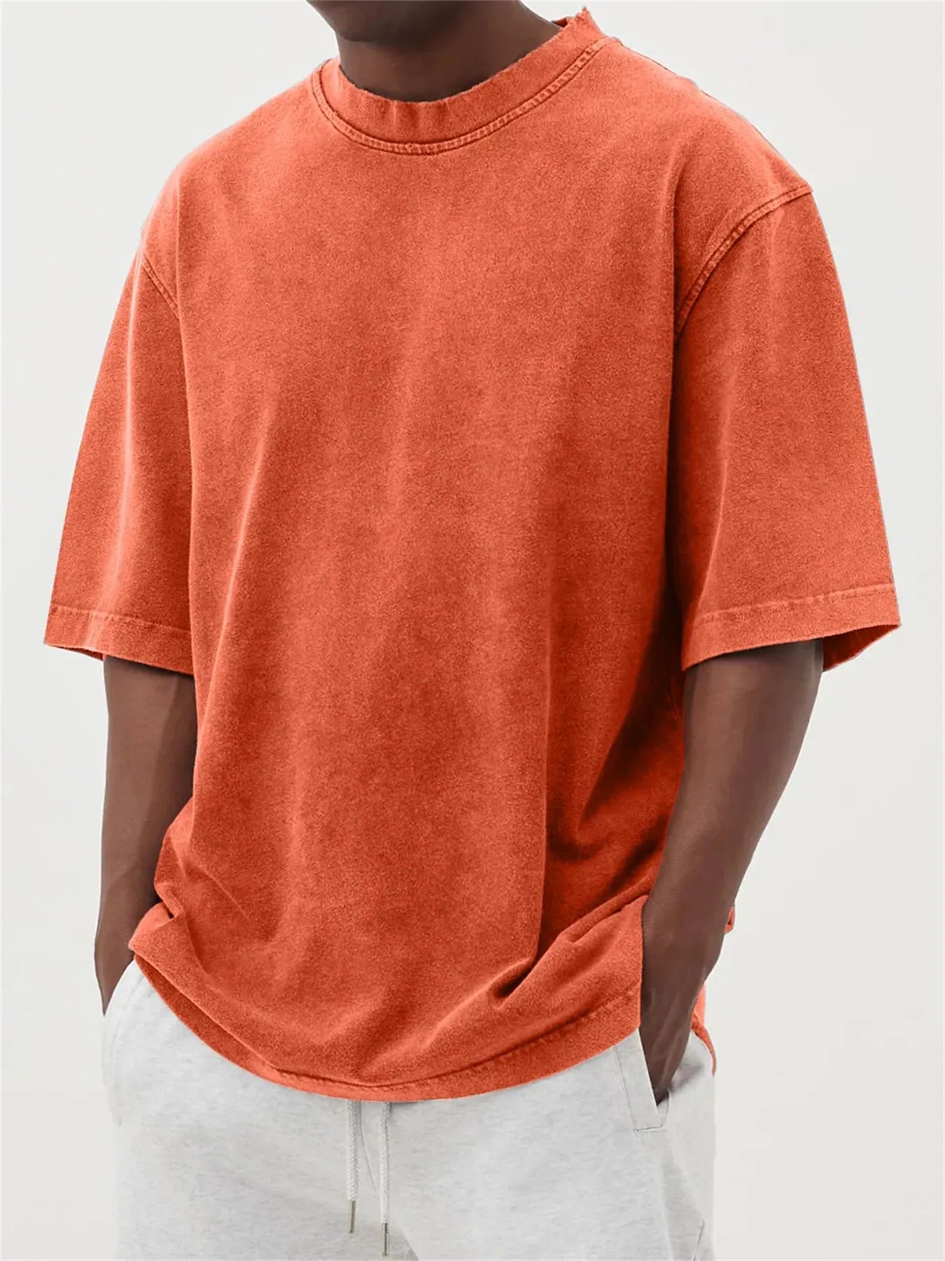 Men's stone-washed loose-fit pullover T-shirt in army green distressed solid colour