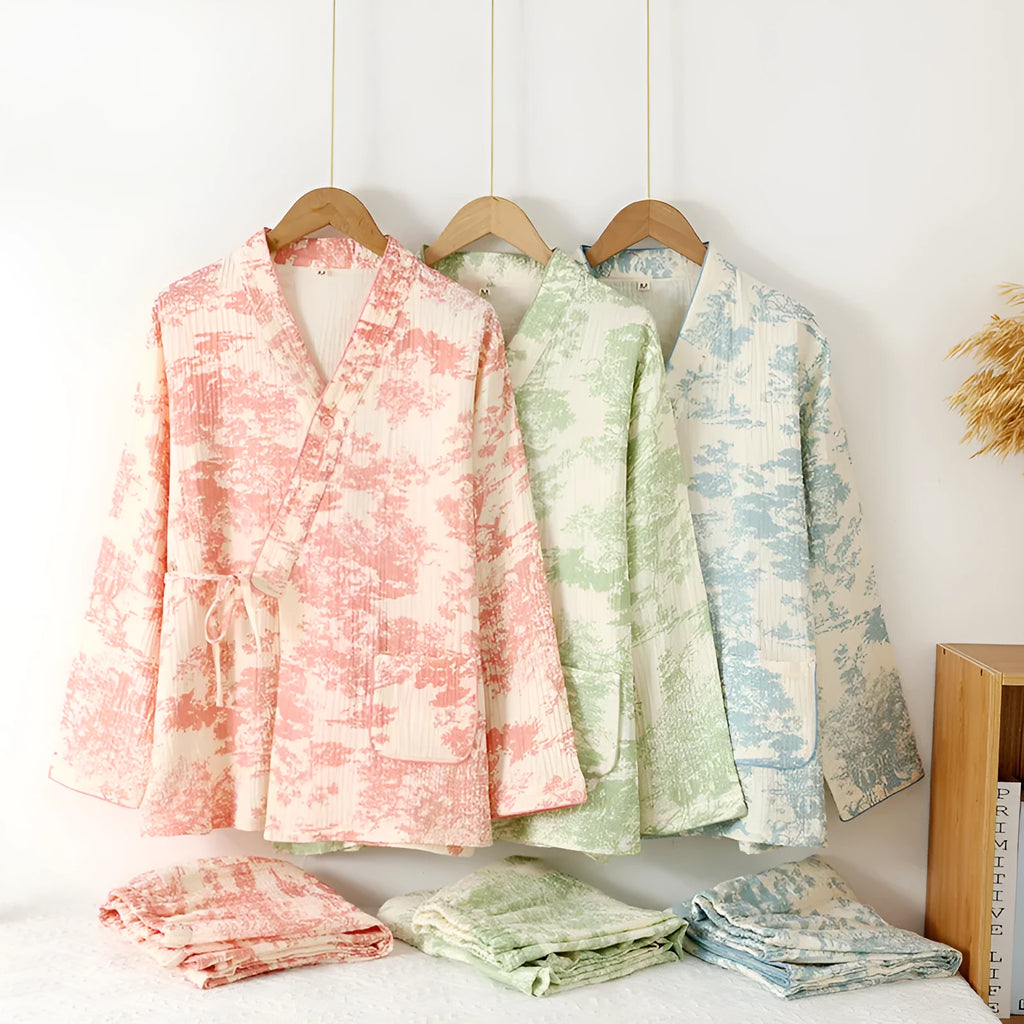 Women's pure cotton gauze lounge suit set in frosted pine trees colour with trousers and long sleeve top