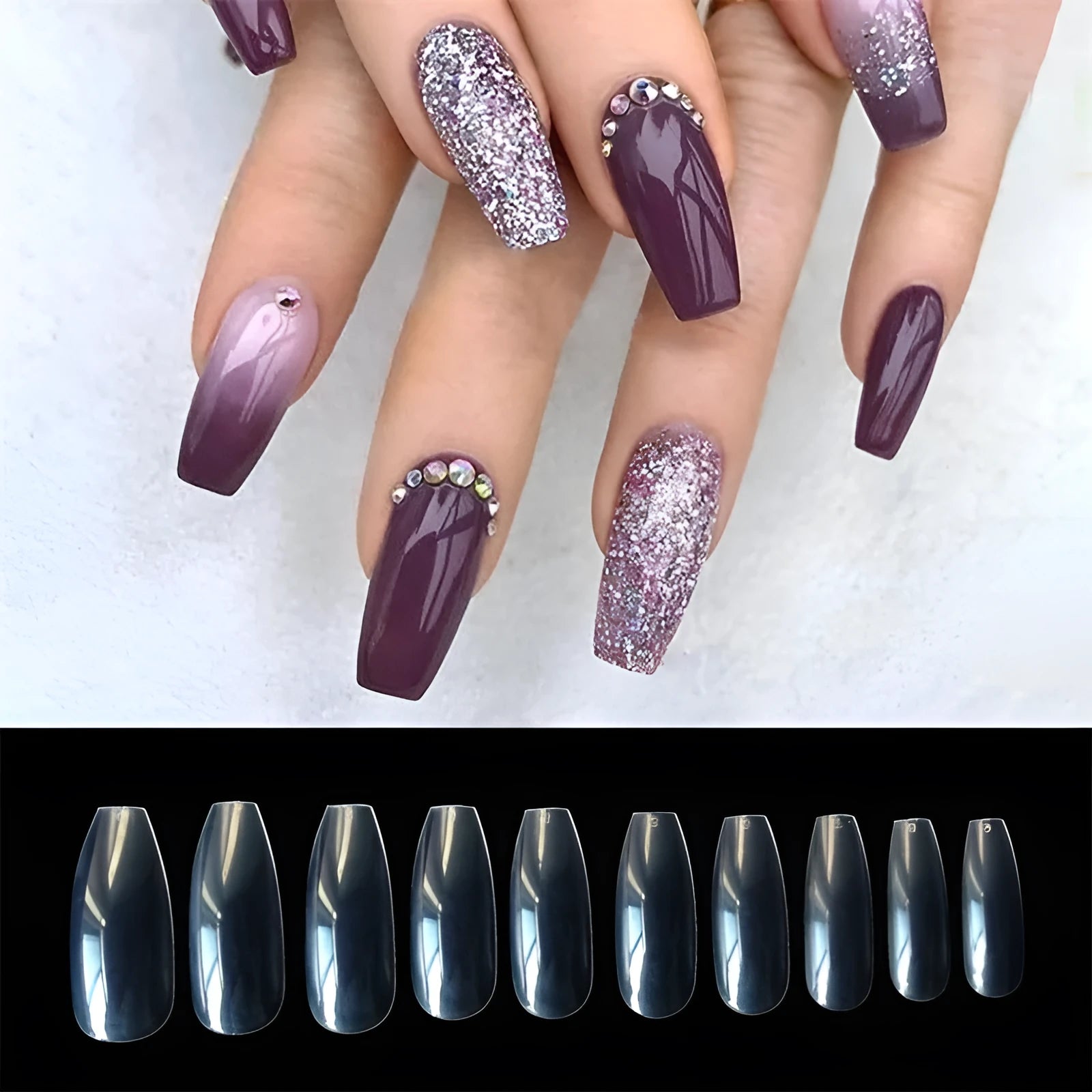 Clear transparent ABS false nails in a pack of 500 pieces, showing French tip design and range of sizes.