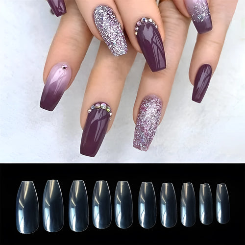 Clear transparent ABS false nails in a pack of 500 pieces, showing French tip design and range of sizes.