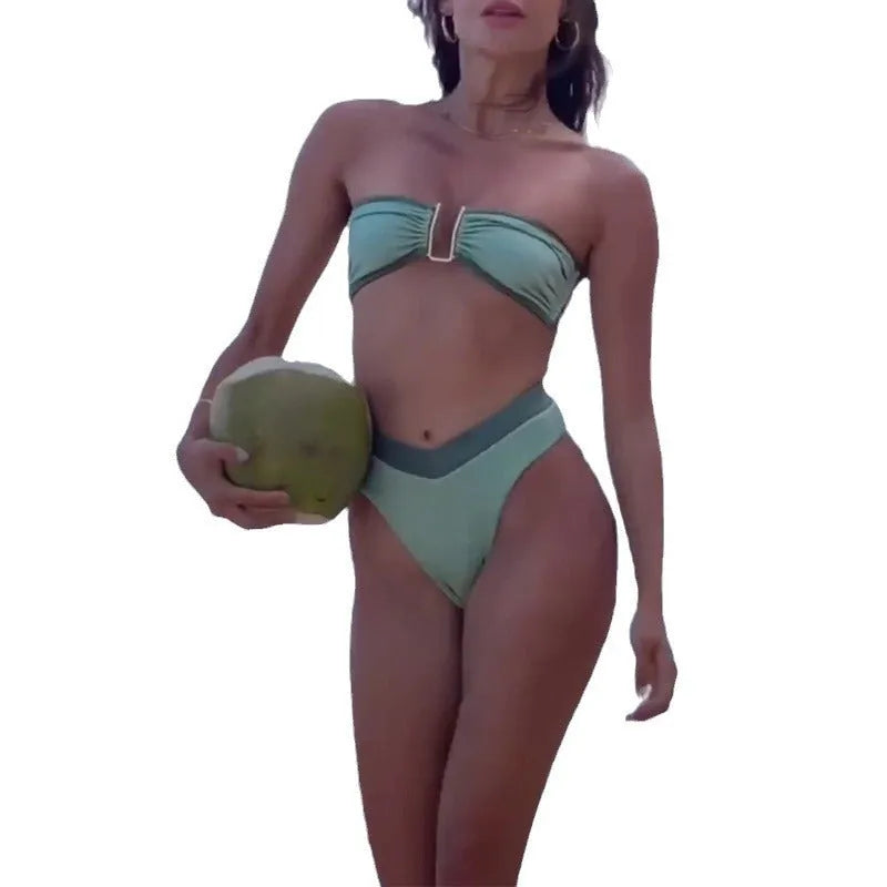 Women's fluorescent green nylon bikini set with briefs style and sleeveless design