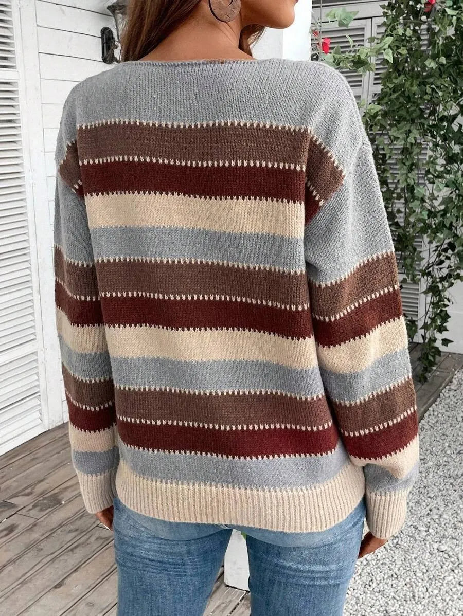 Women's colourblock striped long sleeve pullover sweater in polyester.
