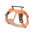 Adjustable polyester dog harness and lead set in multiple colours on a size chart.