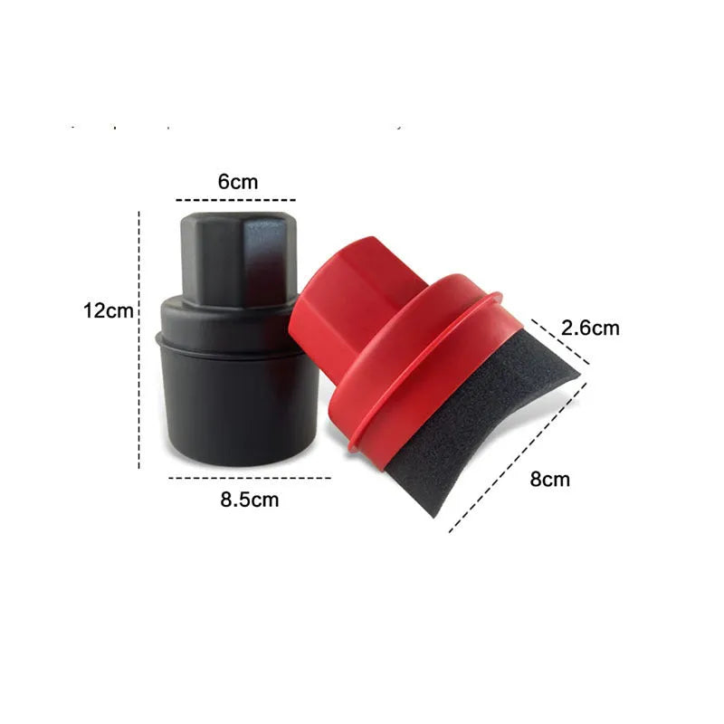 Black car tyre polishing sponge brush with a red lid, showing its size next to a car tyre.