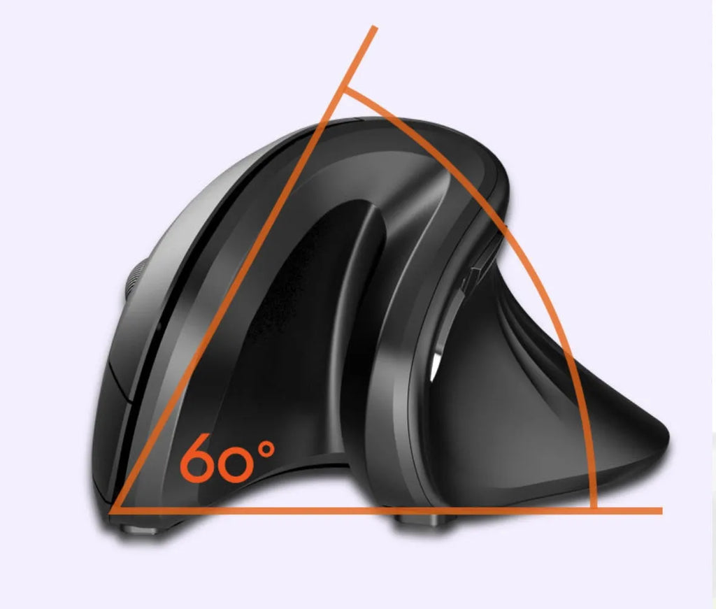 Wireless vertical mouse in black with ergonomic shape, six buttons, and diamond-pattern surface on a desk