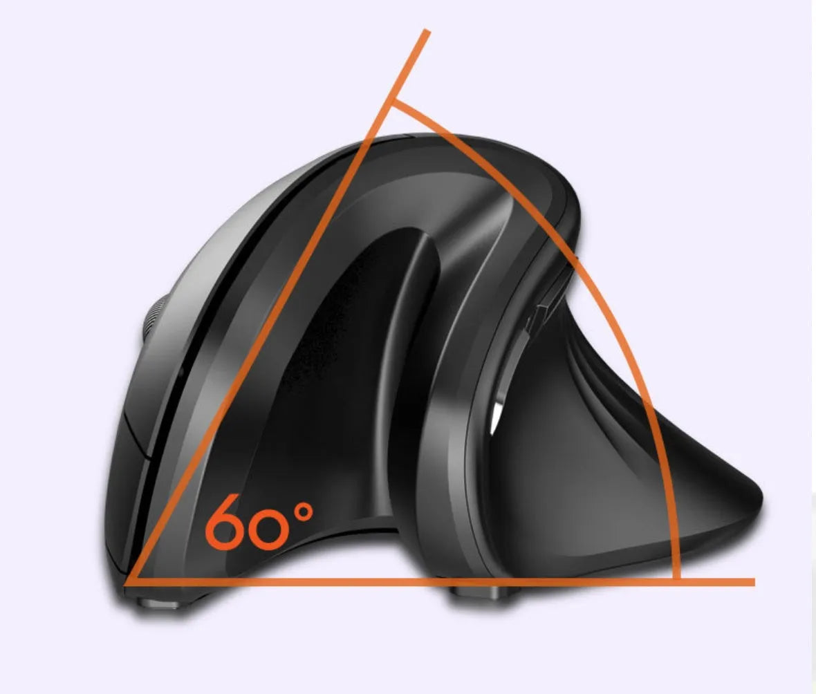 Wireless vertical mouse in black with ergonomic shape, six buttons, and diamond-pattern surface on a desk