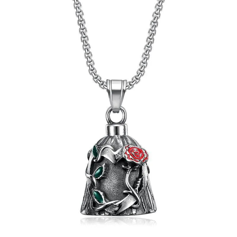 Titanium steel motorcycle lucky bell pendant with epoxy rose design and polished finish