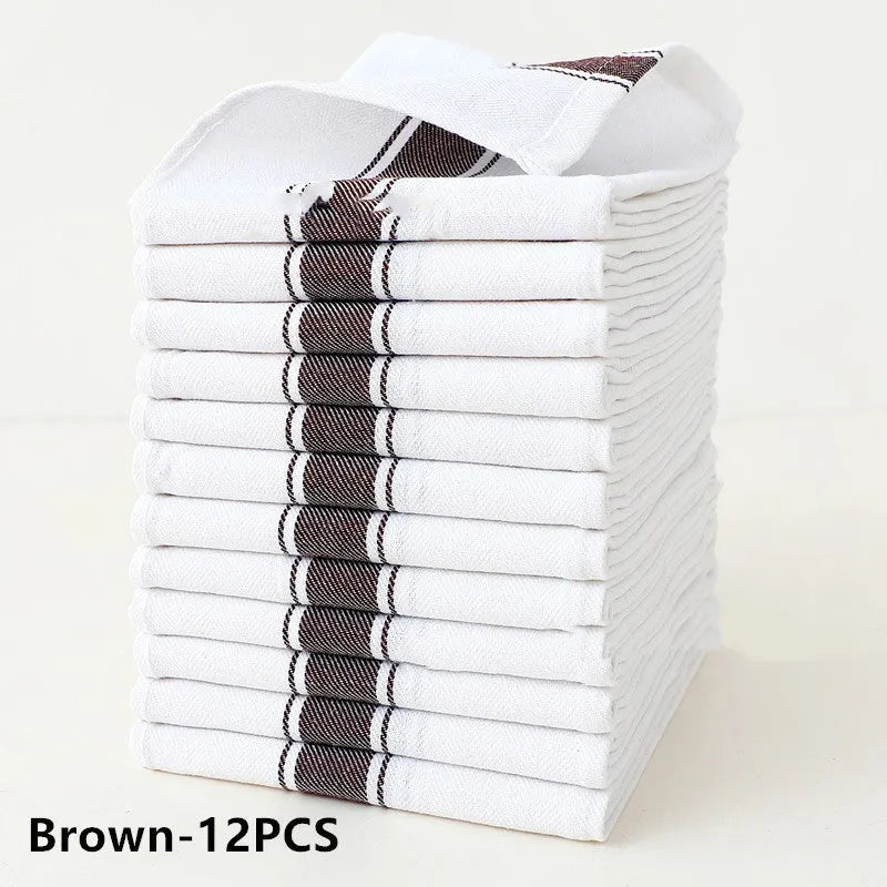 Set of twelve striped polyester cotton blended kitchen dish towels showing colour variations