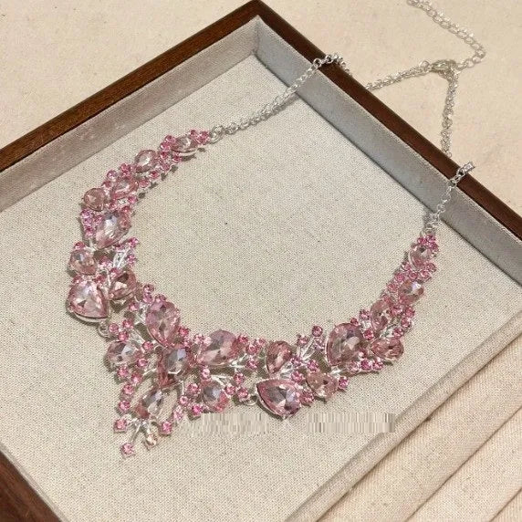 Pink rhinestone flower drop pendant necklace on an electroplated alloy ball bead chain, 31-40cm perimeter