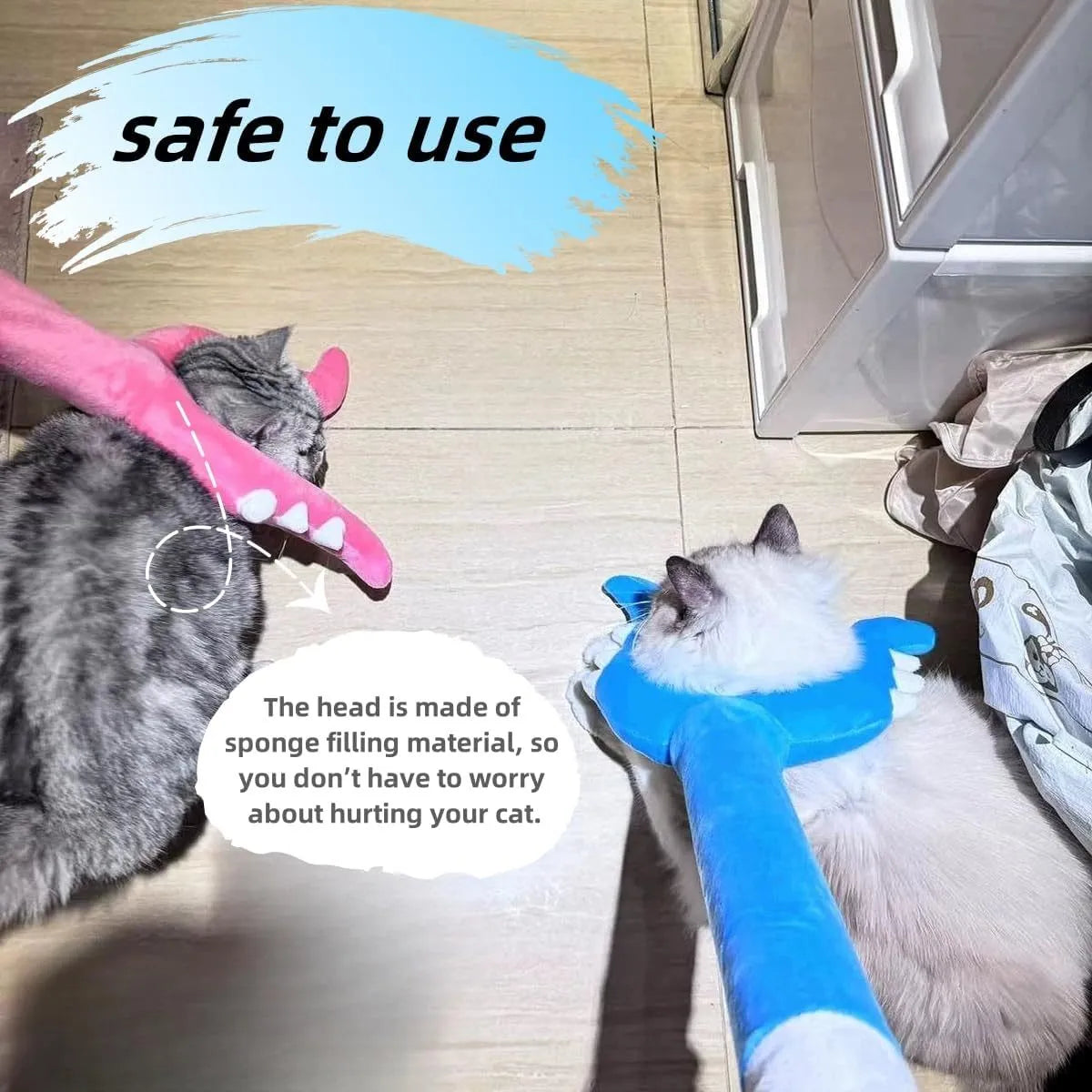 Blue plush cat wand toy with 70cm shaft and foam-filled head for interactive play