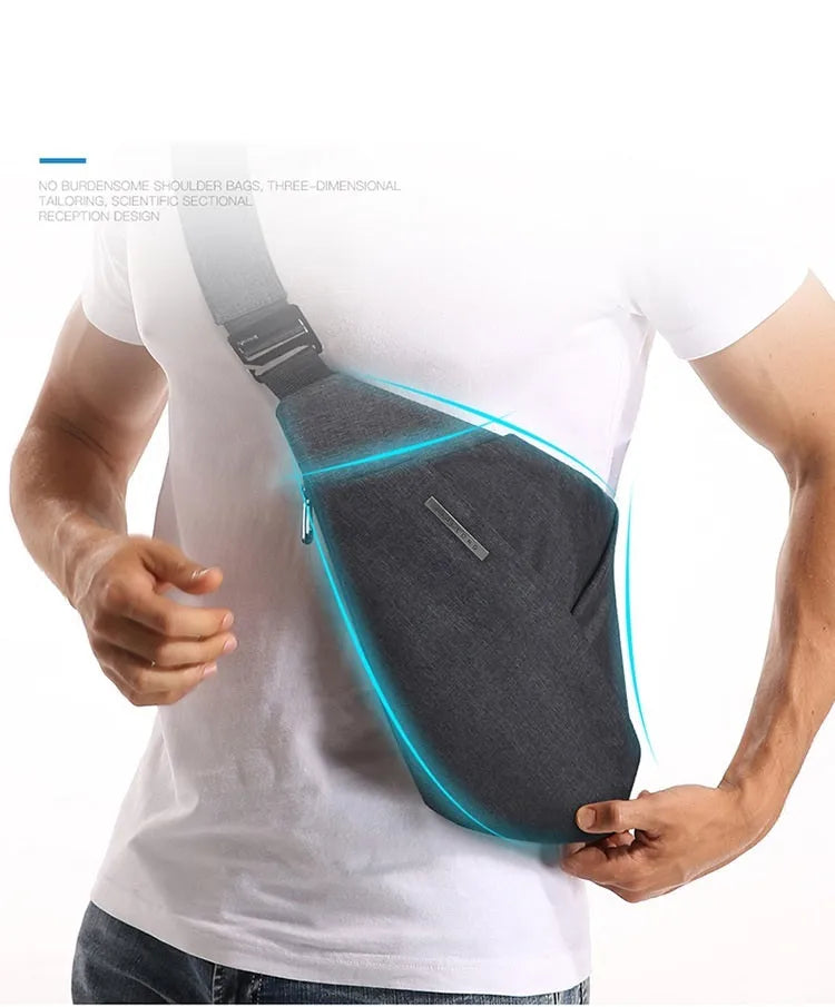 Dark gray right-shoulder crossbody chest bag with anti-theft function, polyester lining, file bag and sandwich zipper bag.