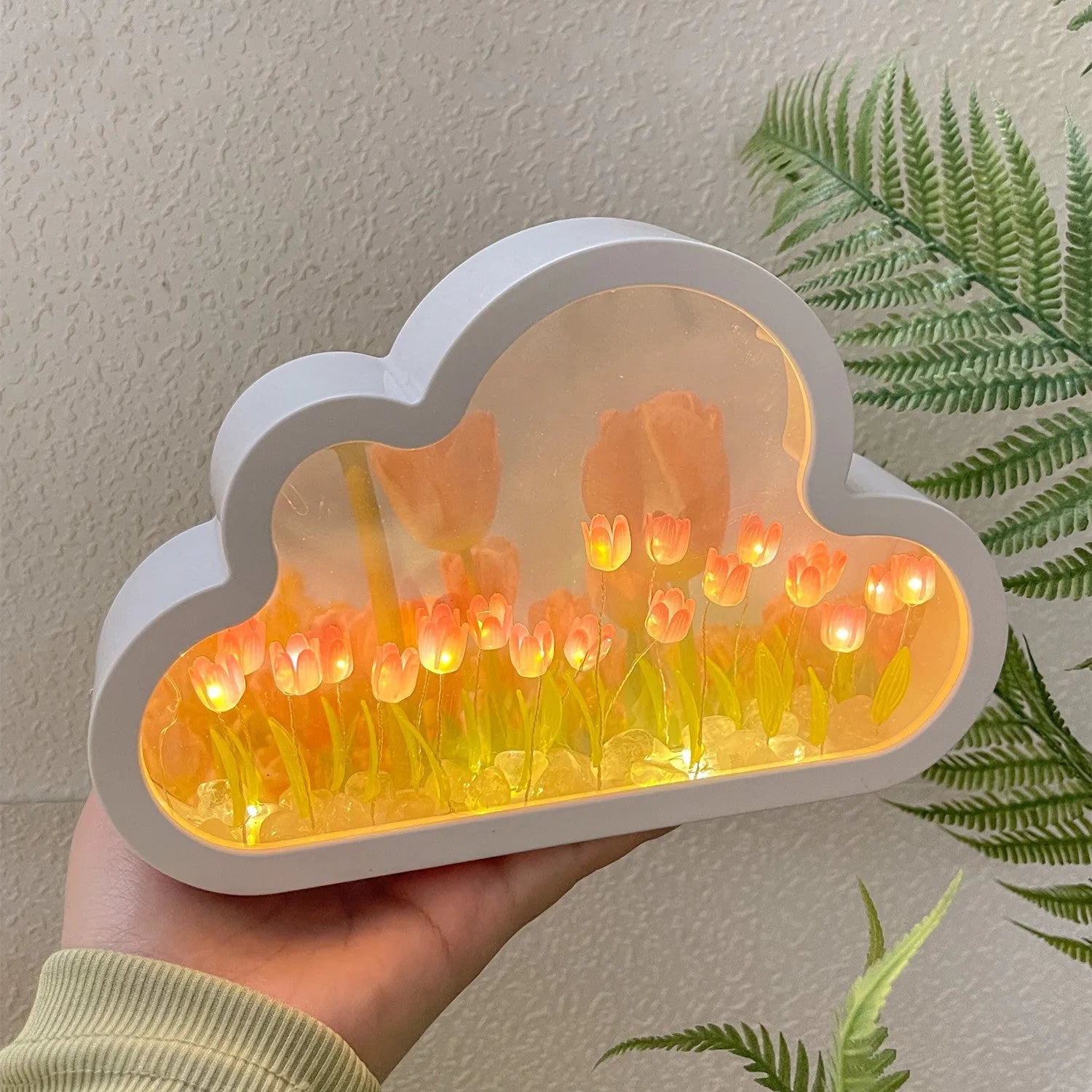 DIY cloud tulip night lamp with decorative mirror and LED light in pink, purple, blue or yellow colours