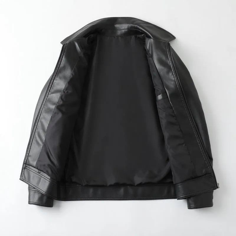 Men's black PU leather casual jacket with zipper pockets shown in loose fit design