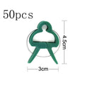 Green plastic and zinc plant fixing clips in large and small sizes for securing climbing plants.