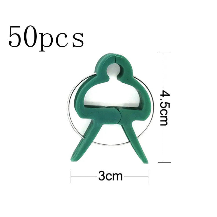 Green plastic and zinc plant fixing clips in large and small sizes for securing climbing plants.