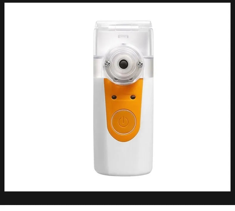 White columnar handheld USB nebuliser spray machine on a table with data cable.