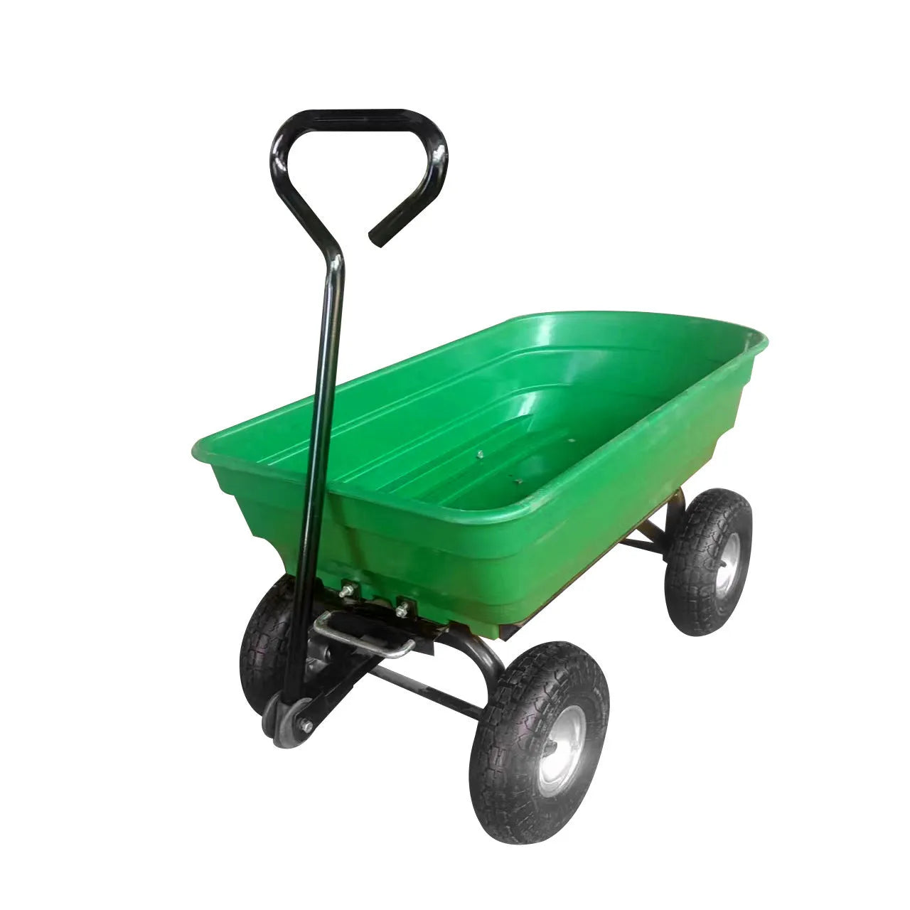 Green four-wheel plastic dump truck with a steel frame and tipping bed for garden and farm use.