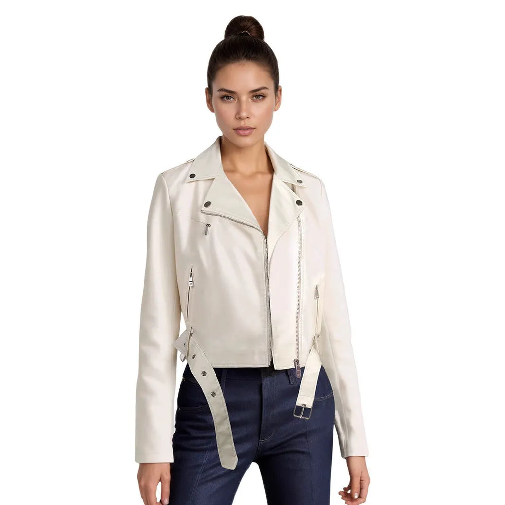 Woman wearing a red PU leather jacket with an adjustable black lapel belt fastened at the waist.