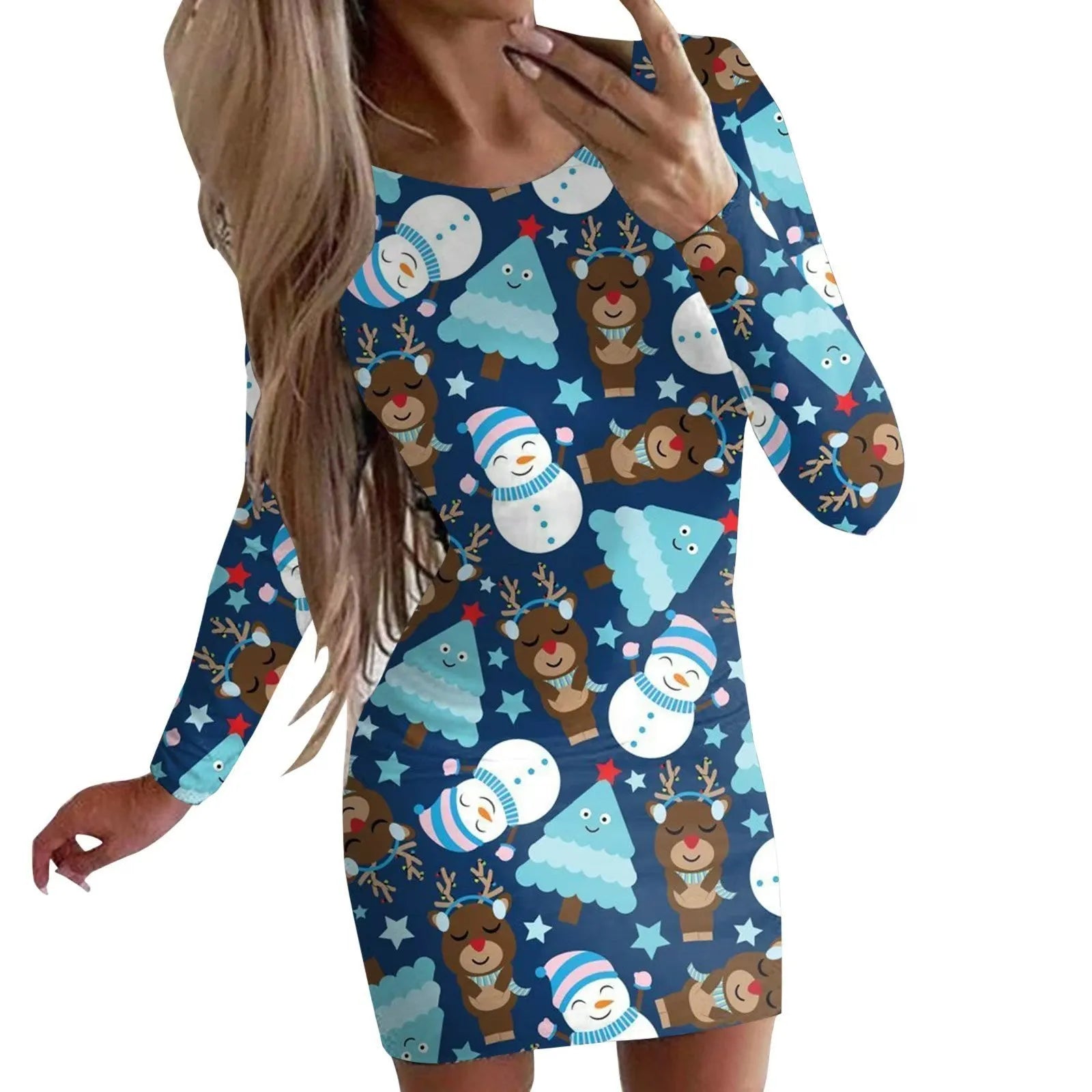 Christmas printed narrow dress with animal pattern design and round neckline