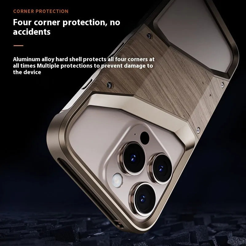 Hollow solid wood phone case with aluminium alloy frame in desert gold colour for iPhone