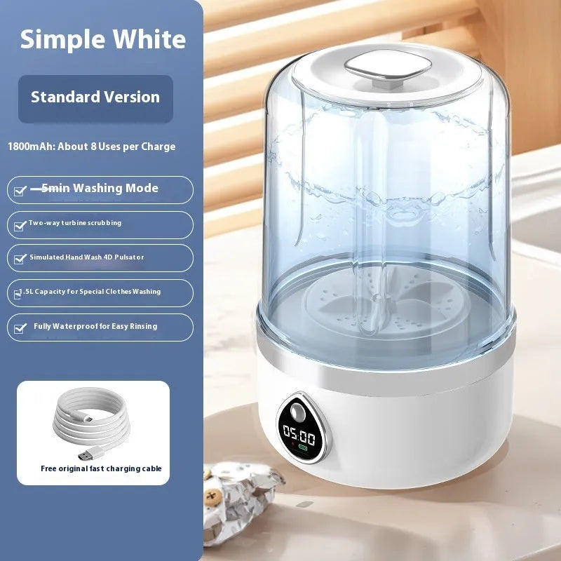 White portable USB-powered mini washing machine on a countertop.